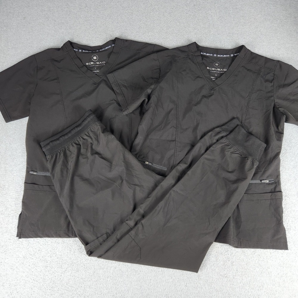 Scrubaid 3 Piece Top & Joggers Scrub Set Womens Large Black Performance V-Neck